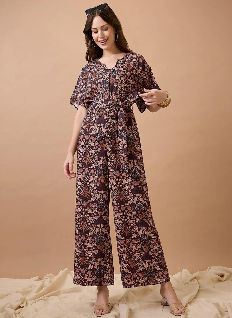 globus Globus Women Floral Print With V Cut Kimono Sleeves Waist Tie-Up Longline Fusion Jumpsuit